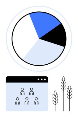 Bölünmüş pasta grafiği, takım simgeleriyle ağ konferans aracı ve üç buğday sapı. İş analizleri, takım çalışması, sürdürülebilir tarım, büyüme, kaynak yönetimi, dijital çözümler için ideal