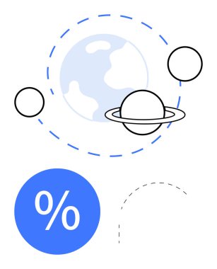 Gezegenler Dünya 'nın yörüngesinde çizgiler, daireler ve yüzde işaretiyle dönüyorlar. Finans, yatırım, tasarruf, faiz oranları, ekonomi alanı fütüristik kavramları için idealdir. Soyut satır düzlüğü
