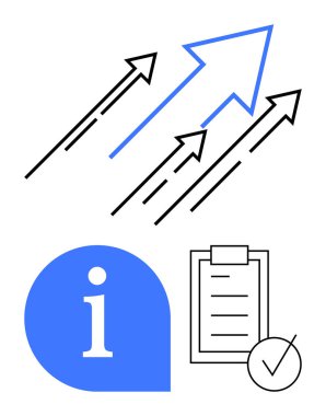 Arrows pointing upward for growth, i info symbol, clipboard with checkmark for tasks. Ideal for growth, education, workflow, planning, goals achievements business. Abstract line flat metaphor clipart