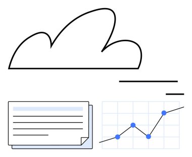 Bulut ana hatları depolamayı simgeler, büyüme ve organize belgeleri gösteren bir çizelgeyle eşleştirilir. Veri analizi, bulut teknolojisi, iş eğilimleri, dosya paylaşımı, üretkenlik, ilerleme için ideal
