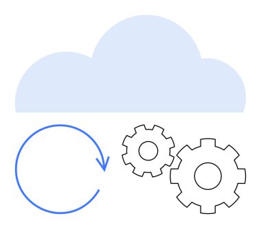 Dişlilerin üstündeki bulut ve dairesel ok veri senkronizasyonu ve otomasyonu temsil ediyor. Bulut hesaplama, veri işleme, otomasyon sistemleri, bilişim altyapısı, yazılım entegrasyonu için ideal