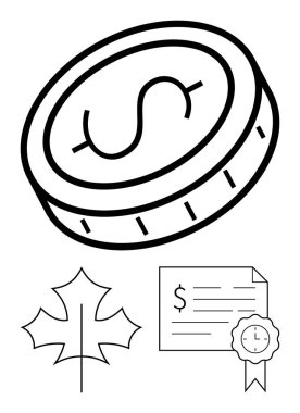 Dolar işaretli sikke, akçaağaç yaprağı, para, doğa, başarı, ekonomi, çevre, finansal güvenlik sertifikası yatırım büyümesini temsil eden sertifika. İdeal