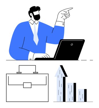 Dizüstü bilgisayarın, evrak çantasının ve yükselen okun yanında el kol hareketi yapan bir adam. Liderlik, strateji, iş büyümesi, yenilik, takım çalışması, analitik düz çizgi metaforu için ideal