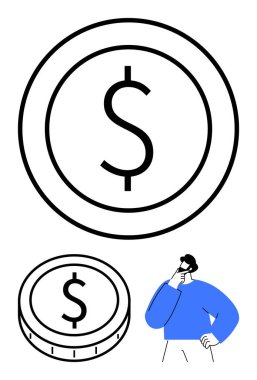 Büyük paralar ve küçük paralar aşağıda düşünceli bir insanla birlikte, finansal planlama, kararlar, para yönetimi, tasarruf, yatırım, bütçe, soyut düz metafor öneriyor.