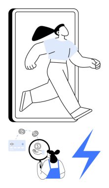 Akıllı telefondan çıkan bir kadın, kazancını bir büyüteçle analiz ediyor, mavi yıldırım sembolü. Dijital dönüşüm, teknoloji, finansal analiz, yenilik, iş büyümesi için ideal