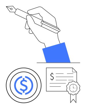 Kalem tutan bir el, daire şeklinde dolar işareti ve saat ve kurdeleli bir sertifika. Finans, sözleşmeler, iş anlaşmaları, yatırımlar, sertifika yönetimi planlaması için ideal. Soyut