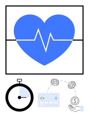 Heartbeat symbol with an electrocardiogram line, stopwatch, credit card, coins, and a hand. Ideal for healthcare apps, financial services, insurance, e-commerce time management fitness clipart