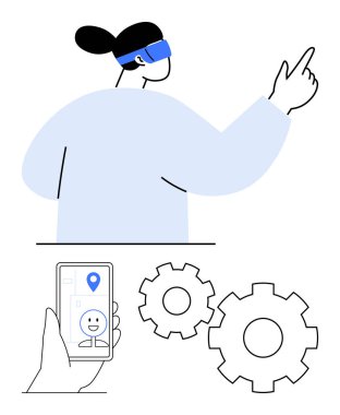 VR kulaklıklı biri, AR arayüzü gösteren akıllı telefon, iki vites. Teknoloji için ideal, sanal gerçeklik, artırılmış gerçeklik, yenilik, kullanıcı deneyimi, geleceğin teknolojisi. Çizgi