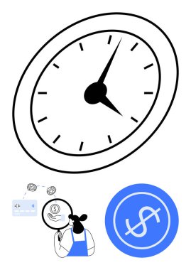 Siyah elli büyük saat yüzlü, para birimine odaklanan büyüteç ve mavi dolar işareti çemberi. Finans, yatırım, iş planlaması, üretkenlik, zaman yönetimi, bütçe