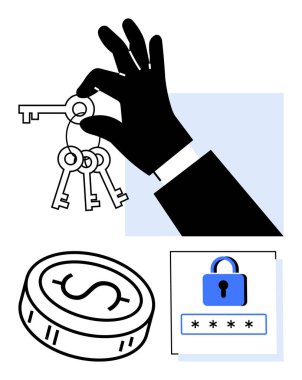 El ele tutuşan anahtarlar, dolar parası ve şifreli kilit ikonu ile finansal güvenlik, erişim kontrolü ve korunma. Finans, siber güvenlik, erişim yönetimi ve dijital güvenlik için ideal