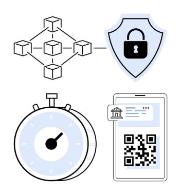 Engelleme düğümleri, güvenlik kalkanı, kronometre ve QR kod entegrasyonlu telefon. Engelleme zinciri, siber güvenlik, fintech, hızlı işlemler, dijital bankacılık ödemeleri ve teknoloji kavramları için ideal