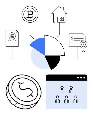 Finansal belgeler, kripto para birimi, ev, pasta grafiği ve çevrimiçi insanlar birbirine bağlı. Finans, yatırım, teknoloji, kripto para birimi emlak veri analizi için ideal