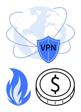 VPN metni ile kalkan, dünyayı yörüngedeki çizgilerle örtüyor, güvenliği temsil ediyor. Mavi alev güvenlik duvarını simgeler, dolar işareti ile para dijital ekonomiyi simgeler. Gizlilik ve siber koruma için ideal