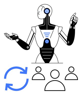 Hareket ederken mekanik vitesleri, dairesel okları, basit insan simgelerini gösteren insansı robotlar. Yapay zeka, otomasyon, takım çalışması, teknoloji, yenilik, iş akışları soyut düz metafor için ideal