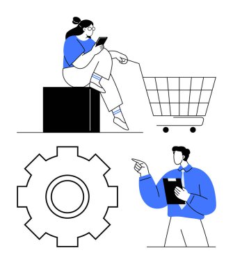 Kadın alışveriş arabasıyla akıllı telefona bakıyor, erkek profesyonel yardım öneriyor, ve vites sembolü. E-ticaret, müşteri hizmetleri, alışveriş uygulamaları, çevrimiçi araçlar, takım çalışması, kullanıcı deneyimi için ideal