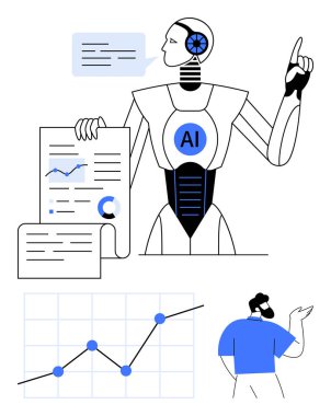 Yapay zeka robotu çizelgeler, metinler, belgeler ve veri eğilimlerini gözlemleyen bir grafik ile etkileşim halindedir. Otomasyon için ideal, yapay zeka teknolojisi, veri analizi, yenilik, gelecekteki teknolojik veri odaklı kararlar