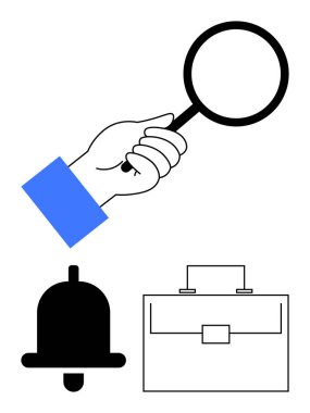 Zil ve evrak çantasının yanındaki el büyüteci odaklanma, alarmlar ve profesyonelliği gösteriyor. Arama, bildirim, iş arama, iş araçları, üretkenlik, analiz için ideal