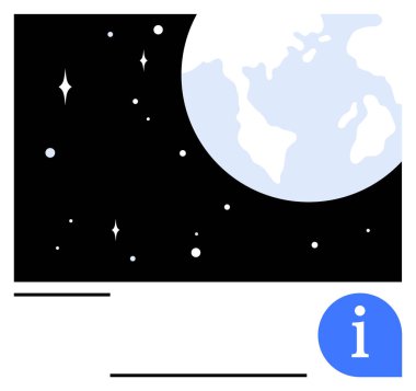 Dünya, mavi bir bilgi ikonu ile kısmen örtüşüyor. Eğitim, küresel öğrenim, keşif, bilim, teknoloji, yenilik ve soyut düz metafor için ideal