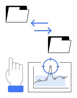Dosya dizinleri çift yönlü oklar, el hareketi simgesi ve hedef işaretli bir veri grafiği ile bağlandı. Veri yönetimi, dosya paylaşımı, veri analizi, iş akışı optimizasyonu ve teknoloji için ideal