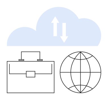 Veri transferi için okları olan bulut, işi simgeleyen evrak çantası, küresel iletişimi temsil eden dünya. Teknoloji, iş süreçleri, küreselleşme, uzaktan çalışma, bulut hesaplama için ideal