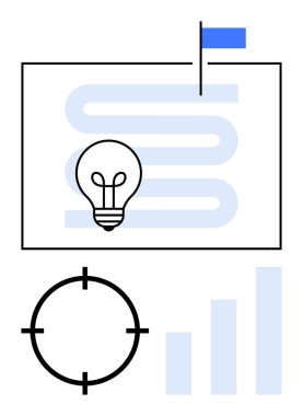 Ampul soyut yol üzerinde bayrak, hedef ve çubuk grafiğiyle. Yenilikçilik, hedef belirleme, iş stratejisi, problem çözme, fikir geliştirme projesi planlamada ilerleme kaydetmek için ideal. Çizgi