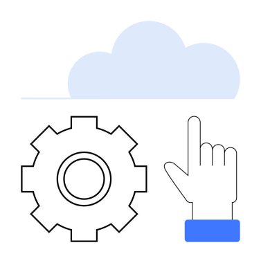 Yukarıda bulut, teçhizat sembolize sistem ayarları, ve işaret eden el bulut tabanlı teknolojiyi temsil ediyor, kullanıcı kontrolü. Teknoloji, bilişim çözümleri, yazılım geliştirme, veri senkronizasyonu, yenilik için ideal