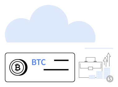 BTC sembollü bitcoin işlem detayları, bulut grafiği, evrak çantası, istiflenmiş bloklar, yukarı doğru oklar ve para. Kripto para birimi, engelleme zinciri, dijital cüzdanlar için ideal finansal büyüme yatırımı
