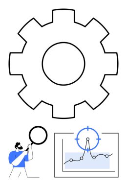 Geniş dişli simgesi, büyüteçle işlenen kişiyi sembolize eder ve hedef sembollü grafikteki eğilimleri inceler. Analiz, strateji, yenilik, iş akışı, bütünleşme, araştırma, soyut