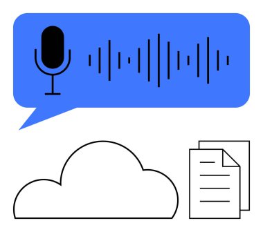 Bulut ve belgelerin üzerinde ses dalgaları olan bir mikrofon. İletişim, depolama, transkripsiyon, teknoloji, verimlilik, organizasyon ve medya için ideal. Satır metaforu