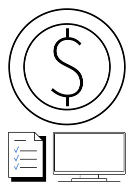 Kontrol listesinin üstünde iki mavi işaret ve bir bilgisayar monitörü olan bir çemberin içindeki dolar simgesi. Finansal planlama, bütçe, iş stratejisi, çevrimiçi bankacılık, muhasebe, dijital pazarlama için ideal