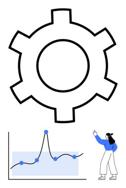Veri noktaları ve analizci insan çizgisi grafiği. Konseptler için ideal analitik, veri, teknoloji, geliştirme, mekanik, problem çözme, süreç iyileştirme. Satır metaforu