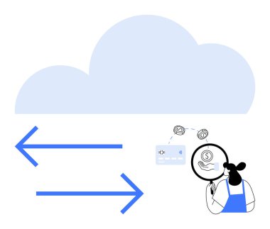 Bulutun önündeki veri transferini gösteren oklar, mali detayları ve işlem sembollerini inceleyen büyüteç. Bulut hesaplama, veri analizi, siber güvenlik ve finans için ideal