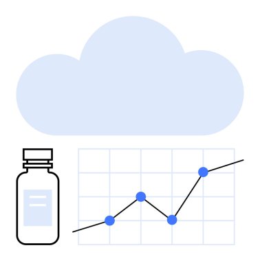 İlaç şişesi, veri noktaları olan çizgi grafiği, ve bulut ikonu sağlık hizmetlerini, veri eğilimlerini, teknolojik entegrasyonu sembolize ediyor. Sağlık, tıbbi araştırma, veri analizi, büyüme bulutu hesaplaması için ideal