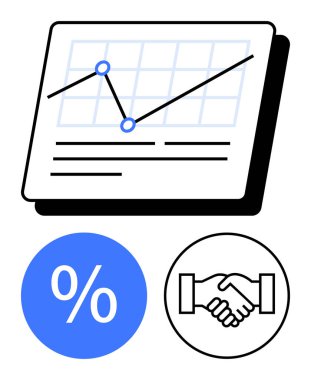 Artan bir eğilim çizgisi, mavi yüzde işareti, el sıkışma sembolü olan iş büyüme tablosu. Ticari başarı, finansal büyüme, satış artışı, ortaklıklar, pazar analizi, yatırım için ideal