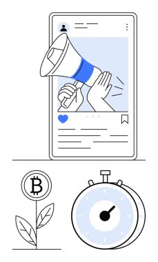 Elleri ve megafonu olan akıllı telefon direği bitkinin üzerinde büyüyen Bitcoin sembolü ve kronometre. Pazarlama, sosyal medya, kripto para birimi, zaman yönetimi, büyüme, yatırım soyut çizgisi için ideal
