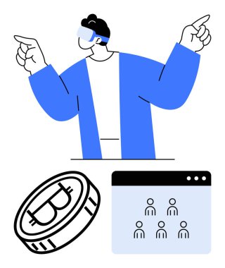 Elleriyle işaret eden VR kulaklık takan adam, Bitcoin simgesi ve kullanıcı simgeleriyle ağ arayüzü. Kripto para birimi, engelleme zinciri, sanal gerçeklik, dijital ekonomi, ağ oluşturma, yenilik için ideal