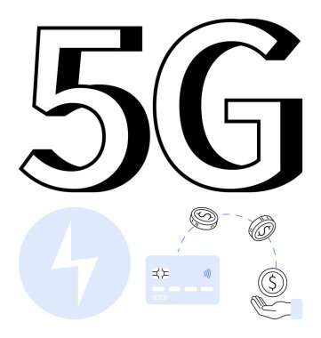 Büyük 5G, yıldırım, kablosuz dalgalı kredi kartı, para birimi sembolleri ve bozuk para tutan bir el. Telekomünikasyon, finans, teknoloji, mobil ağlar e-ticaret dijital için ideal