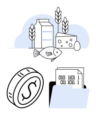 Süt kutusu, buğday, peynir, balık ve yumurta yiyecek kaynaklarını gösteren dijital klasör ile finansı simgeliyor. Sürdürülebilirlik, teknoloji, tarım, ticaret ekonomisi finansmanı için ideal