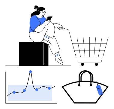 Telefondaki kadın büyük alışveriş arabası veri grafiği, etiketli el çantası. E-ticaret, tüketici davranışı, piyasa analizi, online alışveriş, perakende trendleri, veri görselleştirme için ideal. Satır metaforu