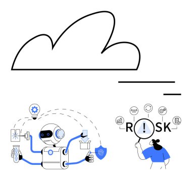 Bulut simgesi, robot yapay zeka araçları ve risk ölçümlerini analiz eden kadın. Teknolojik yenilik, veri güvenliği, bulut depolama, yapay zeka, otomasyon, risk analizi, düz çizgi metaforu için ideal