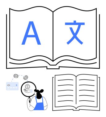 Latince ve Çince karakterleri gösteren açık kitaplar, elinde büyüteçle sembol inceleyen bir kadın. Dil öğrenme, çeviri, eğitim, kültürler arası iletişim için ideal, küresel