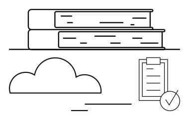 Kitaplar yatay olarak dizilmiş bulut, kontrol listesi, kontrol işareti, asgari satır. Öğrenme, üretkenlik, organizasyon, planlama, eğitim bilgisi paylaşımı için ideal soyut çizgi düz metafor