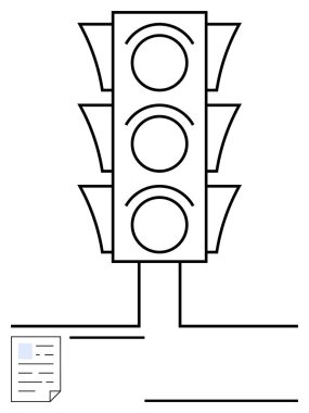 Bir belgeye bağlı üç dairesel ışığı olan trafik ışığı, karar vermeyi, iş akışını ve işlem yönetimini simgeliyor. Proje yönetimi, iş stratejileri ve güvenli kararlar için ideal
