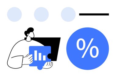 Çizelge tutan, bilgisayarda çalışan ve yüzdelik sembollerle minimalist tarzda etkileşime giren biri. Finans, analitik, iş performansı, ekonomik veriler, metrik analiz için ideal
