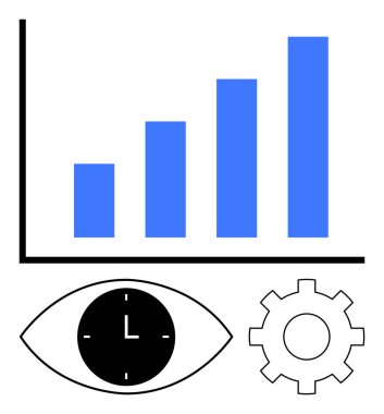 Yukarı doğru büyüyen mavi çizgi, içinde saat olan stilize göz ve dişli element. Üretkenlik, zaman yönetimi, büyüme, verimlilik, analitik, vizyon soyut çizgisi düz metafor için ideal