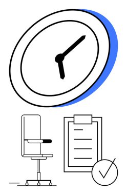 Zamanı temsil eden duvar saati, ofis koltuğu, kontrol listesi ve işaretli pano. Üretkenlik, organizasyon, verimlilik, teslim tarihleri, planlama, soyut çizgi düz metaforu için ideal