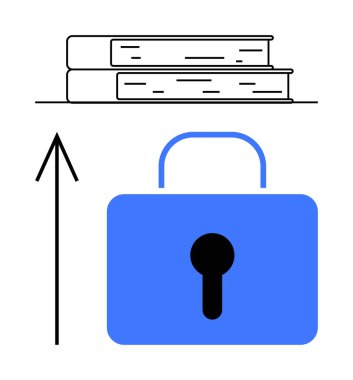 Yukarıdaki oklu mavi asma kilidin üstünde yığınla kitap var. Eğitim, güvenlik, çevrimiçi öğrenim, gizlilik, veri koruması, bilgi güvenliği ve fikri mülkiyet için idealdir. Satır metaforu