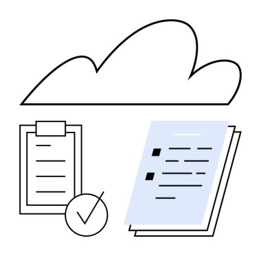 Cloud at the top with documents, a checklist on clipboard, and a tick. Ideal for data organization, digital storage, task management, online collaboration, remote work, productivity abstract line clipart