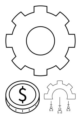 İşlemler için vites sembolü, finansal değer için para ve takım çalışması için diyagram. İş stratejisi, üretkenlik, kaynak yönetimi, ekonomi, otomasyon, takım dinamikleri için ideal soyut çizgi