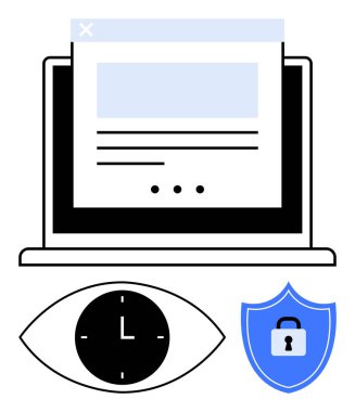 Web sayfalı dizüstü bilgisayar, izleme için saat, asma kilitli mavi kalkan. Siber güvenlik, gizlilik, veri koruması, izleme, web yönetimi güvenlik teknolojisi etiği için idealdir. Soyut satır düzlüğü
